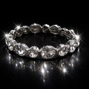 Silver Tone Clear Crystal Bezel Set Milgrain Stretch Bracelet Oval Round Stones